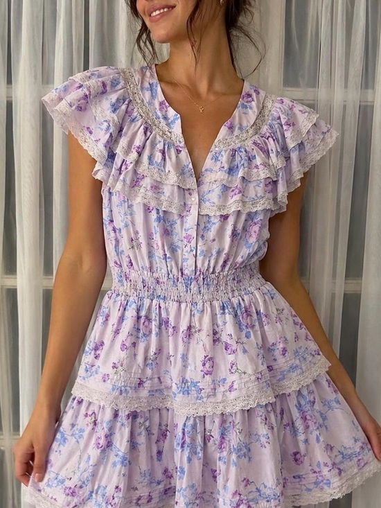 LoveShackFancy Dresses & Skirts - LoveShackFancy Lavender Floral Ruffle Mini Dress Size Large Cottagecore